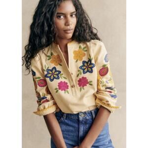 Sezane Floral Embroidered Blouse - Yellow